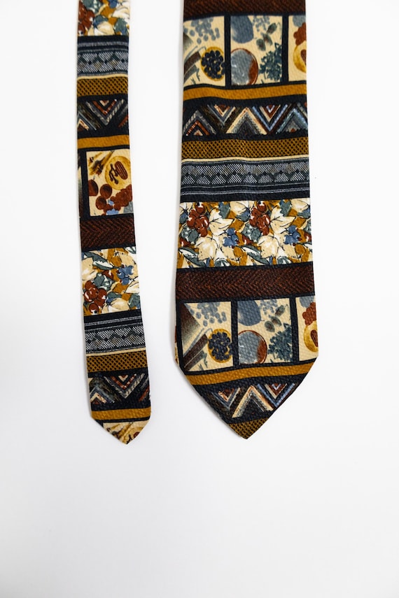 90s Folk Tapestry Tie Mustard Brown Kilim Stripe Botanical Print Vintage Necktie