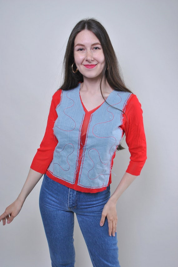 90s quarter sleeve red blouse, vintage funny summer shirt, Size S