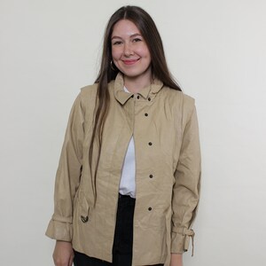 90s autumn leather jacket in beige, vintage romantic trench coat, Size M