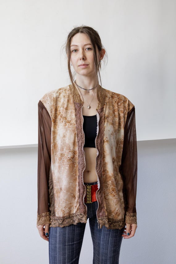 Y2K Brown Eyelet Lace Zip Cardigan Top Sheer Mesh Boho Fairy Layering Blouse XL