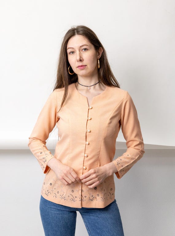 90s Peach Floral Border Blouse Pearl Button Fitted Coquette Top Size M