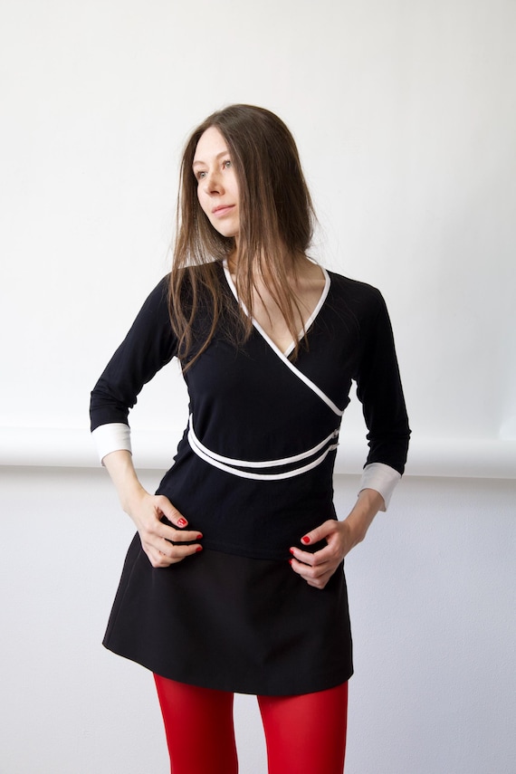 Black White Trim Wrap Blouse Buckle Detail Size S