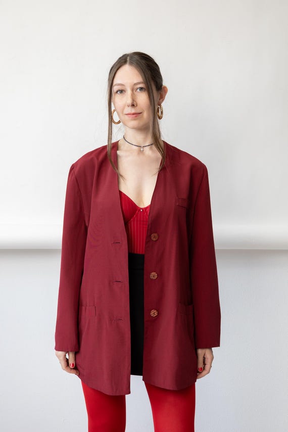 90s Burgundy Collarless Longline Blazer Vintage Minimalist Duster V-Neck Jacket Size L