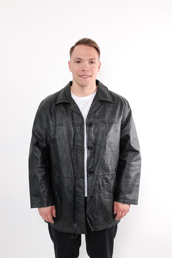 Vintage 90s Black Leather Jacket with Polyester Lining – Classic Long Button-Up Coat, Size XL