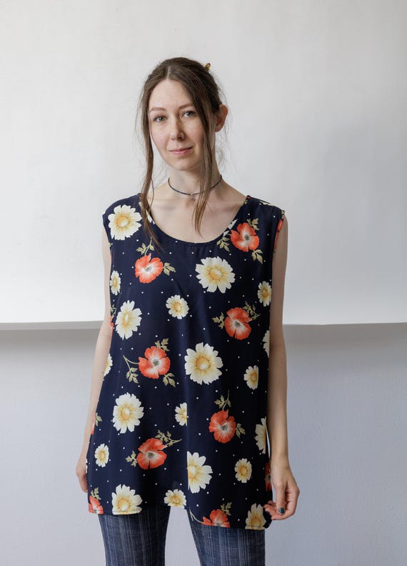 90s Navy Daisy Poppy Print Tank Cream Coral Floral Sleeveless Longline Shell Top L