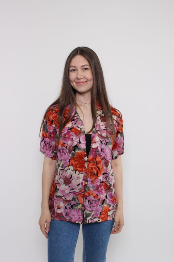 90s Pink Red Floral Blouse Vintage Rose Print Camp Collar Button-Up Shirt Size M