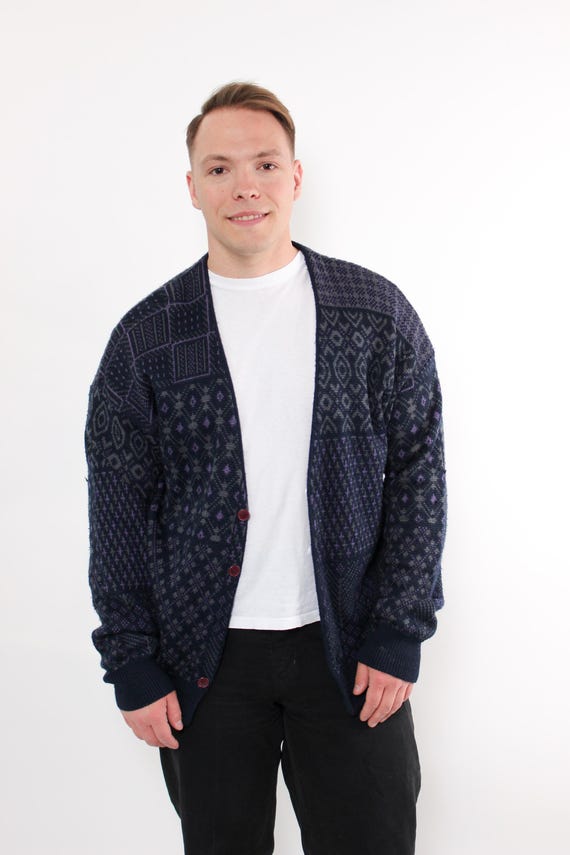 Vintage 90s Knit Cardigan in Blue Geometric Pattern – Retro Button-Up Sweater, Size L