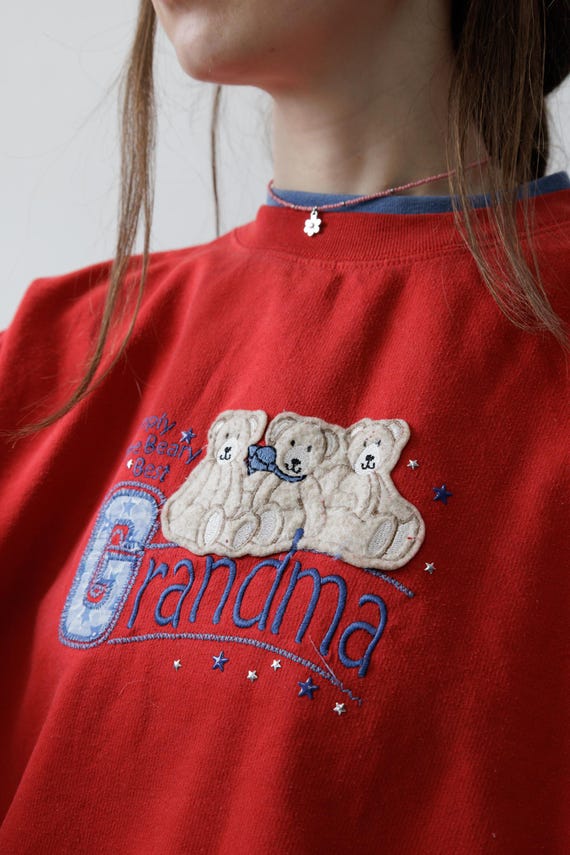 90s Teddy Bear Grandma Sweatshirt Red Applique Embroidered Crewneck XL