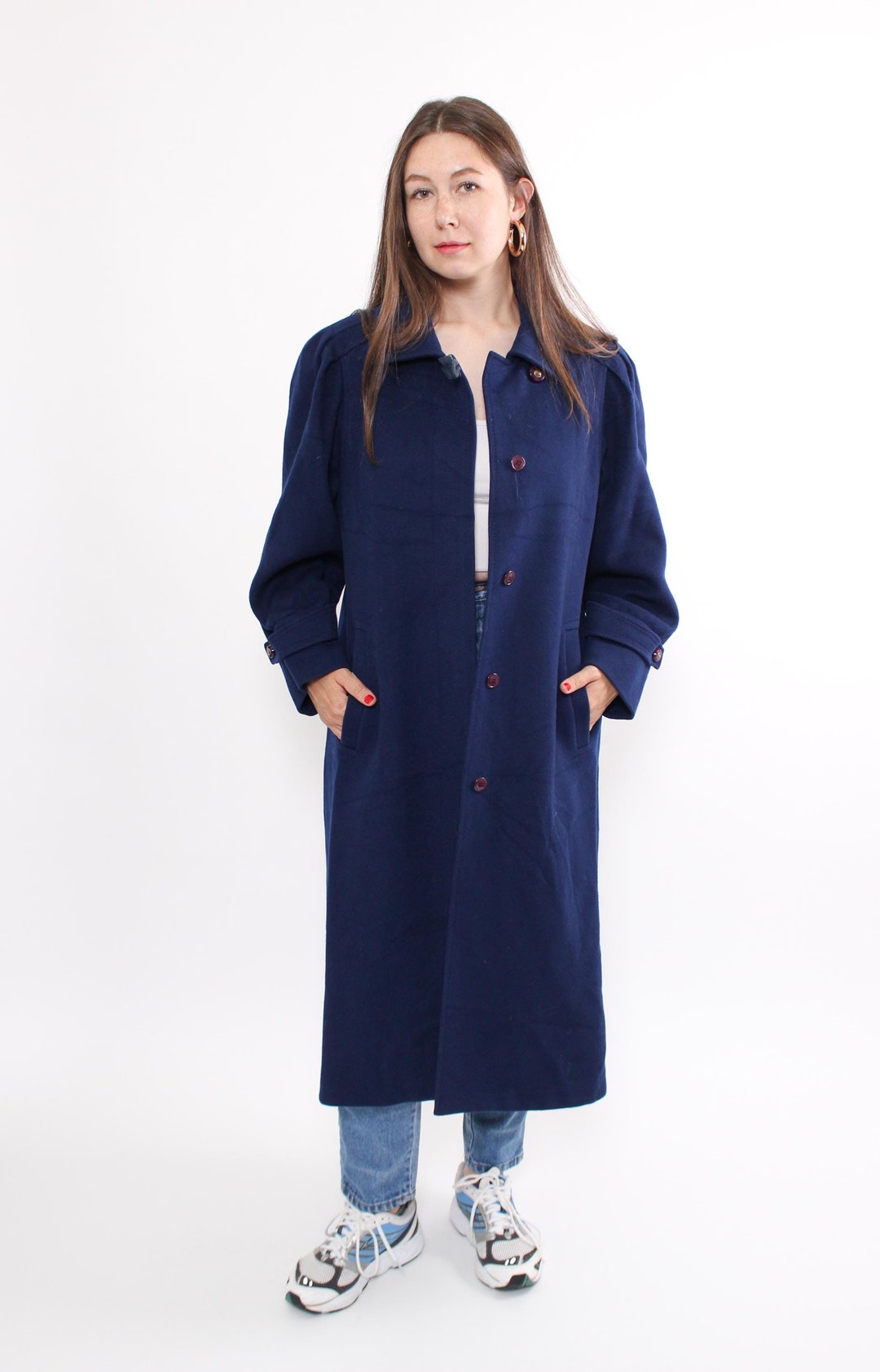 Vintage Wool Overcoat in Blue, 90s Minimalist Puff Shoulders