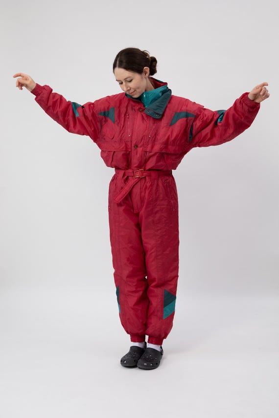 90s Raspberry Red Teal Color Block Ski Suit Belted One Piece Snowsuit M/L