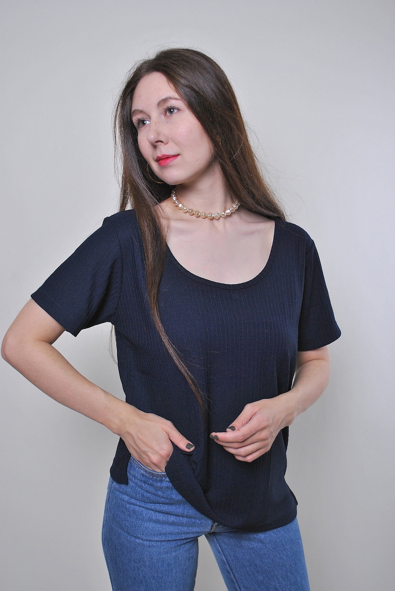 Vintage minimalist pullover striped blue blouse Size M