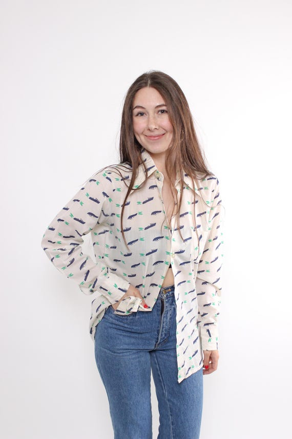 Vintage 90s Whale Print Cream Blouse, Navy Green Novelty Coastal Shirt