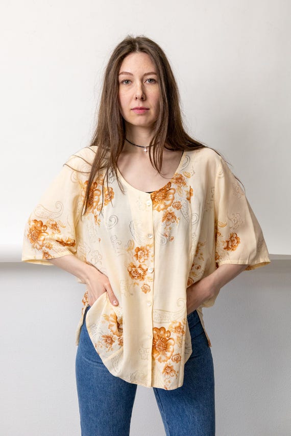 80s Floral Paisley Blouse Vintage Oversized Boho Short Sleeve Top Size L