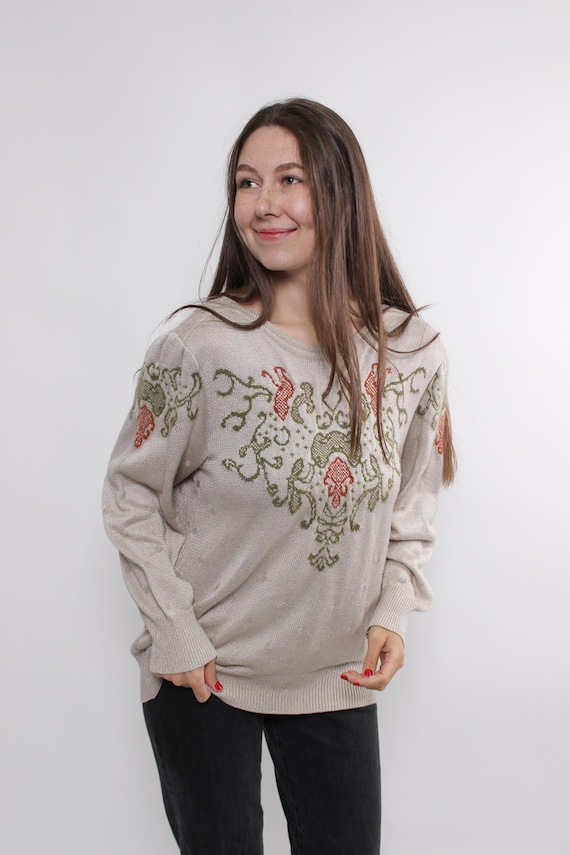 Vintage 80s Embroidered Floral Knit Sweater, Beige Folk Pullover, Retro Boho Knitwear
