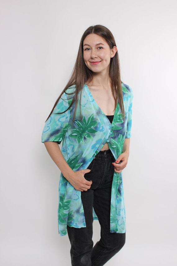 90s floral print v-neck blouse, vintage button front nature blouse in green, Size L