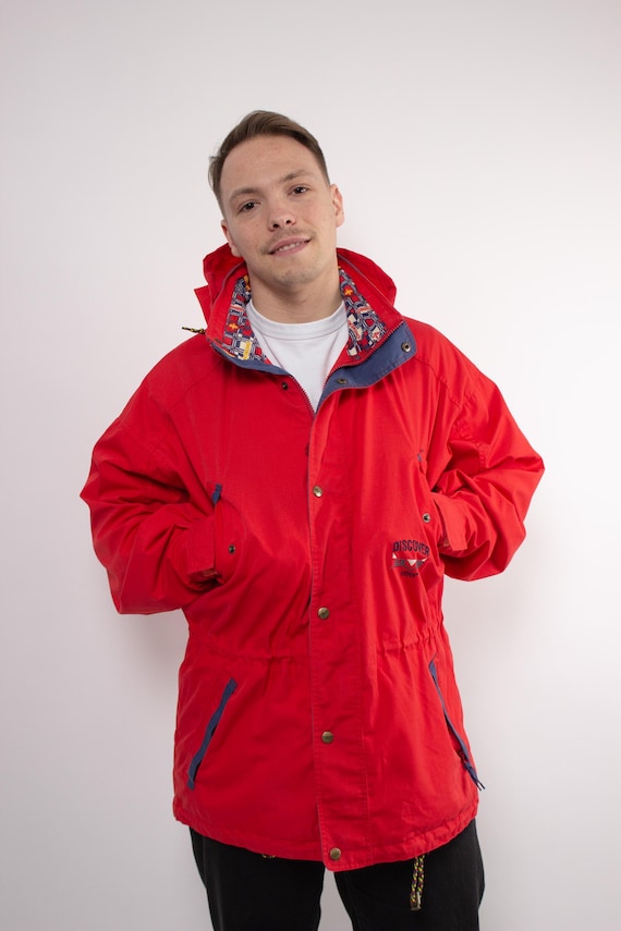 90s Red Hooded Mountain Parka Vintage Outdoor Jacket Zip Snap Longline Gorpcore L