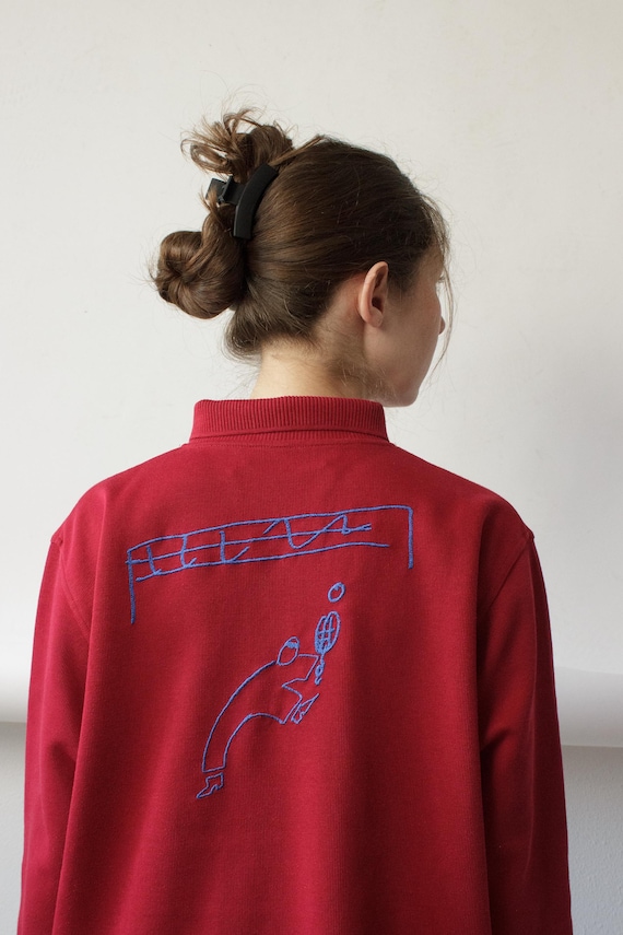 Tennis Embroidered Reworked Sweatshirt Red Half-Zip Graphic Art Collared Pullover Size L