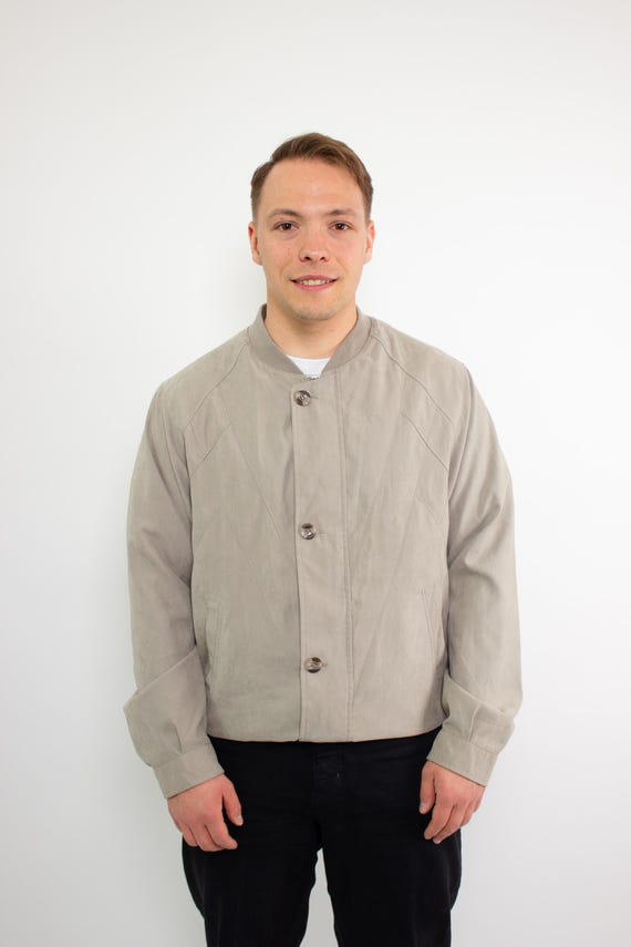 Vintage 90s Grey Bomber Jacket Mens, Minimalist Retro Streetwear Crop Coat, Size M