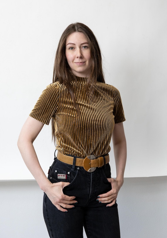 Y2K golden velvet blouse vintage mock neck stretchy top in polyester blend, Size S