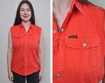 90s Diesel orange grunge shirt, vintage woman punk button up top, Size M
