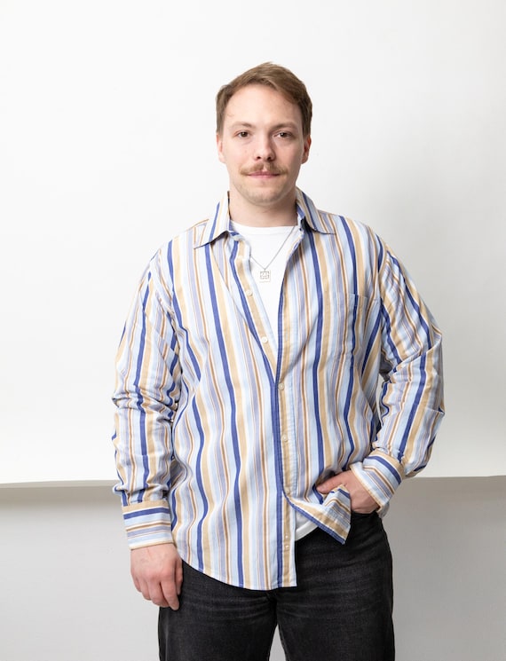 90s Blue Tan Awning Stripe Shirt Vintage Cotton Relaxed Button Up Size L