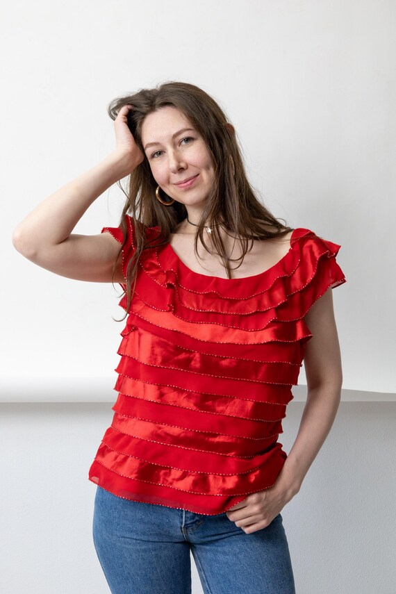 Y2k Red Satin Ruffle Top Vintage Off-Shoulder Tiered Rhinestone Edge Blouse Size XL