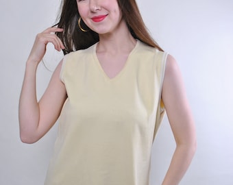 Vintage v neck top, beige tank top, summer loose tank, Size XL