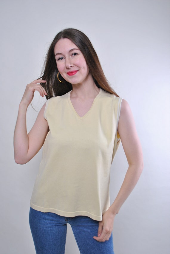 90s minimalist tank top, vintage v-neck relaxed fit top in beige, Size XL