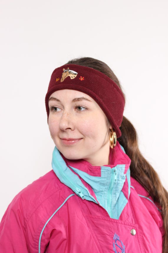 90s ski headband, vintage fleece headband with horse embroidery, Size L