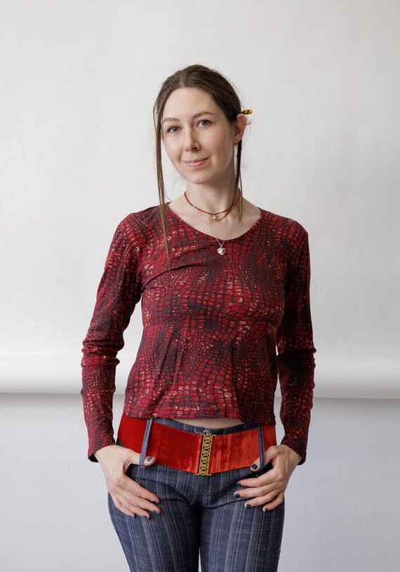 Y2k Red Crocodile Print Top Long Sleeve V Neck Stretch Animal Print Blouse M