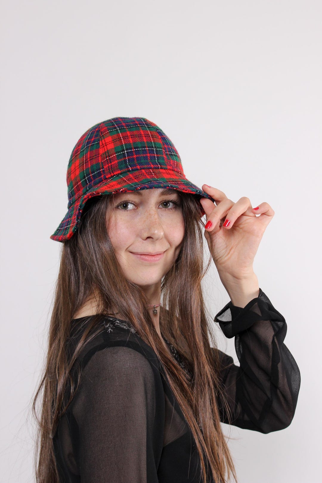 90s Tartan Plaid Hat, Vintage Checkered Bucket Hat With Tie  display picture 3