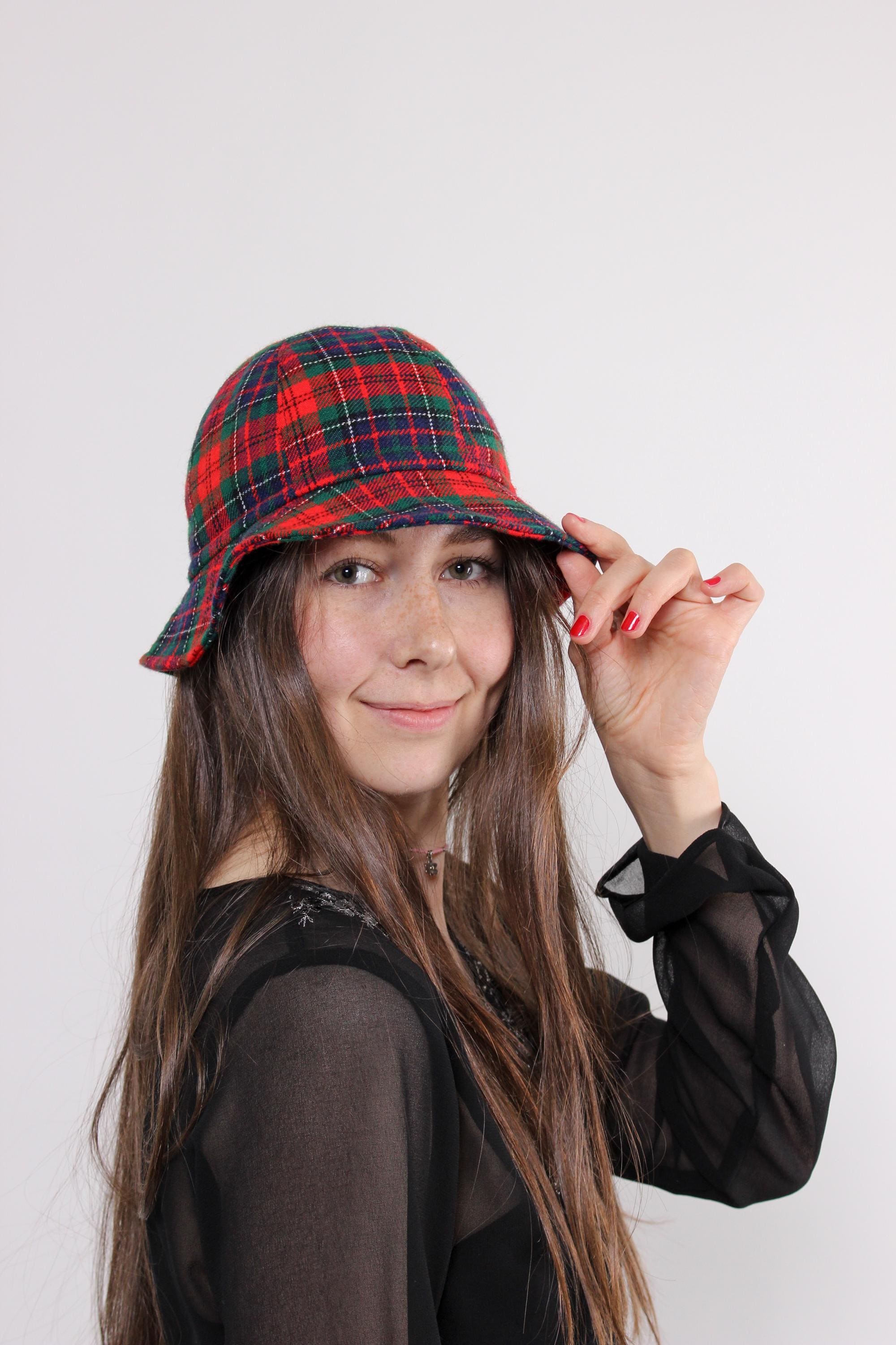 90s Tartan Plaid Hat, Vintage Checkered Bucket Hat With Tie Detail