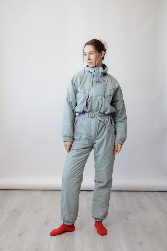 90s Duck Egg Blue Purple Vintage Ski Suit Edelweiss Embroidery One Piece Snowsuit Size S