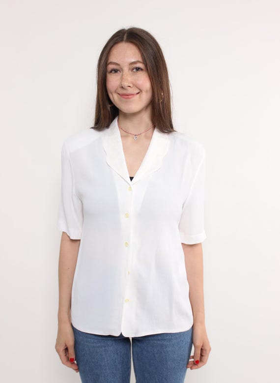 Sheer White Blouse Short Sleeve Open Collar Minimalist Button Up Shirt 90s Size M
