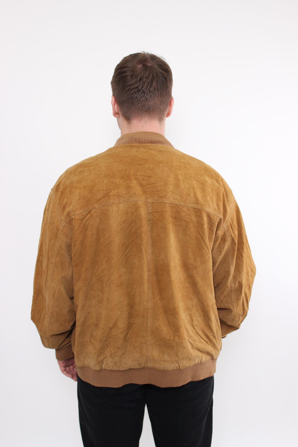 Vintage 80s Suede Leather Bomber Jacket L Brown Aviator Jacket Retro, foto 2 di 5