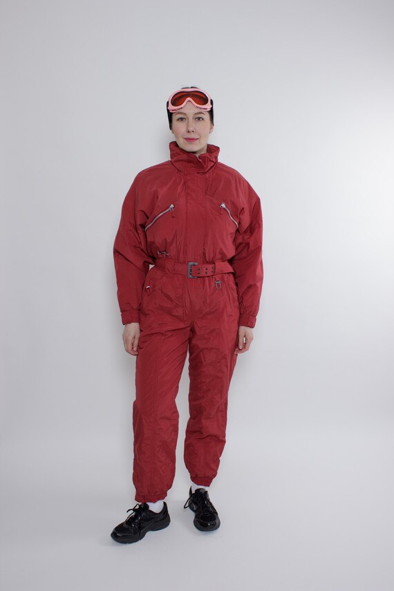 Vintage 90s One Piece Ski Suit, Womens Red Snowsuit, Size M