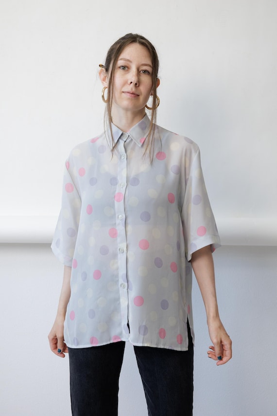 90s sheer pastel polka dot blouse ice blue chiffon shirt side slits, size Large
