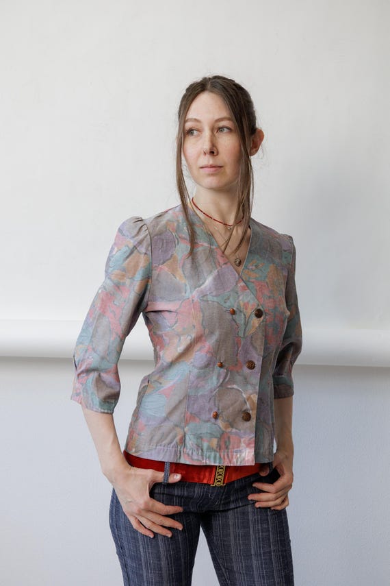 80s Pastel Watercolor Blouse Vintage Double Breasted Gold Button Cropped Cotton Jacket Size S