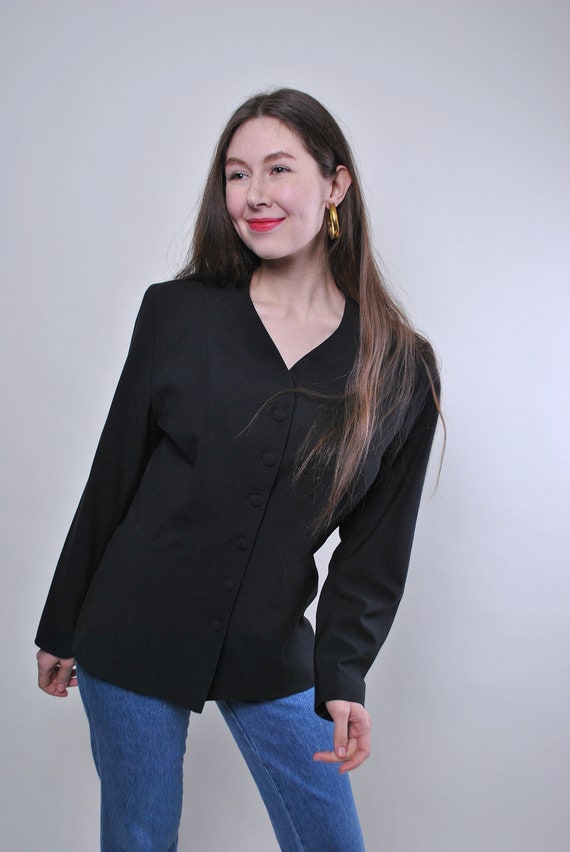 90s Black Collarless Blazer Vintage V-Neck Covered Buttons Wool Fitted Evening Jacket Size M