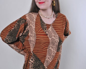 Abstract print vintage brown pullover long sleeve blouse, Size L