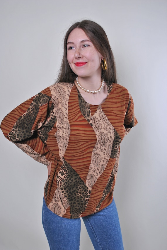 90s paisley print blouse in brown, vintage abstract pattern pullover blouse, Size L