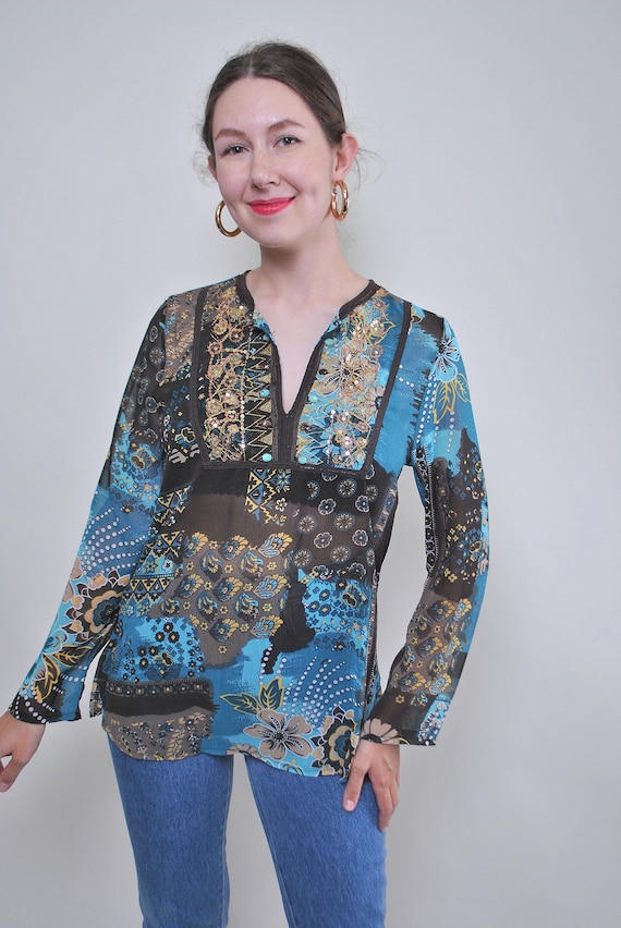 Sequin Bib Boho Tunic, Sheer Chiffon Embellished Top, Turquoise Patchwork, M