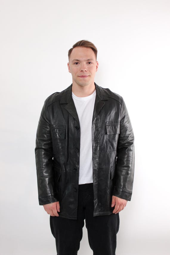 Vintage 90s Black Leather Jacket, Classic Button-Up Genuine Leather Coat, Size M