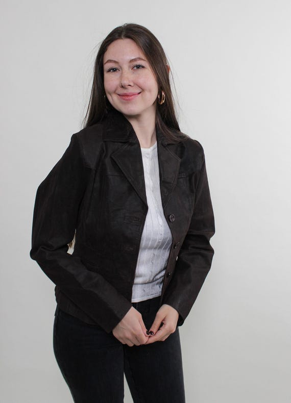 90s Brown Faux Leather Jacket: Vintage Grunge Style, Size S