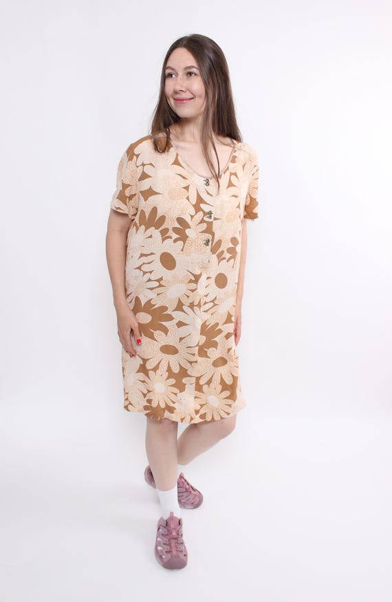 Vintage Flowers Pattern Midi Dress, 90s Pastel Floral print Romantic Lightweight Dress, Size L