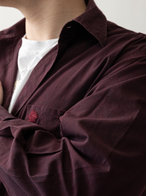 90s Burgundy Oversized Button Down Shirt Vintage Oxblood Cotton Drop Shoulder Size L