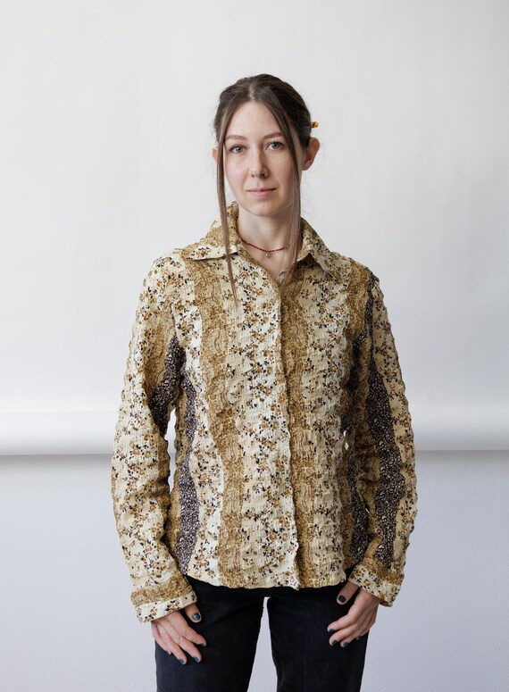 Y2k Mixed Floral Paisley Stripe Blouse Crinkle Textured Brown Fitted Button Up Shirt M
