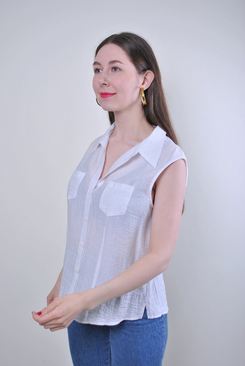 Size M Vintage white transparent sleeveless summer blouse