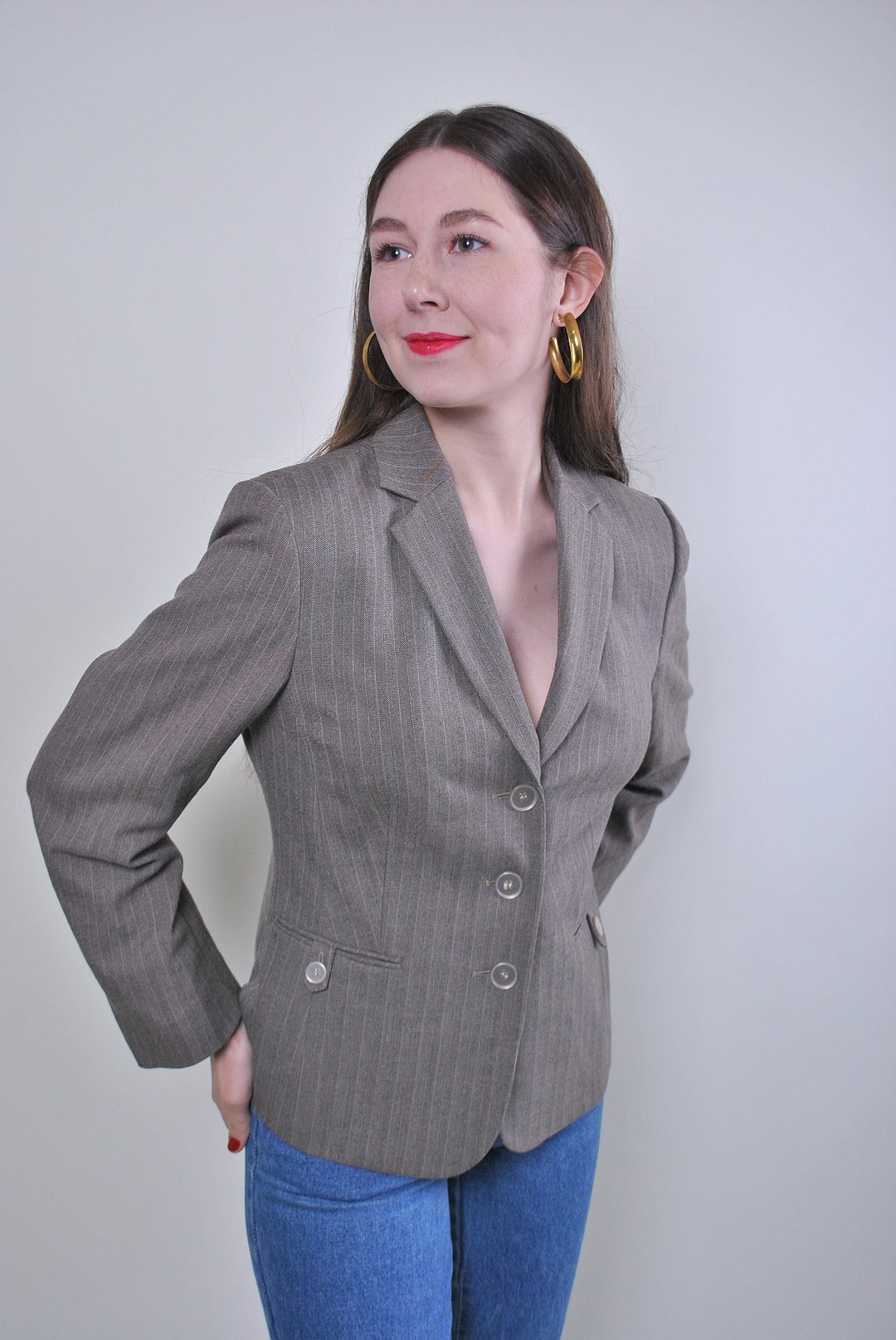 90s Women Grey Striped Minimalist Office Suit Blazer Size M - Etsy