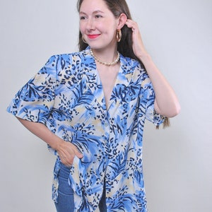 90s floral print blue blouse, vintage summer button up, retro vocation shirt, Size XL